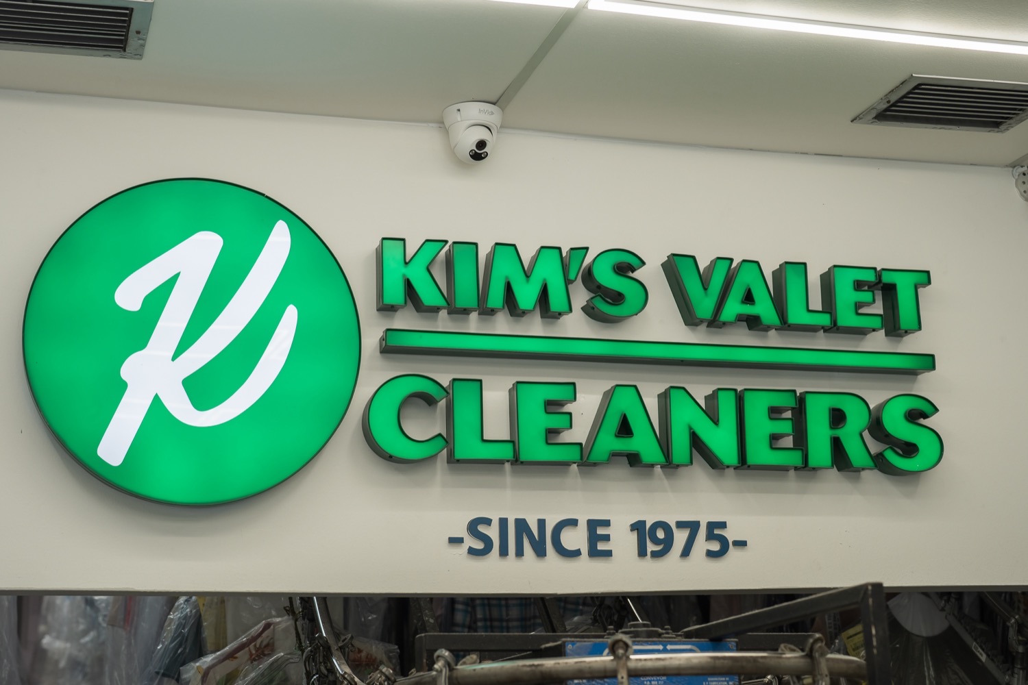 Kim's Valet Cleaners neon storefront sign, Since 1975